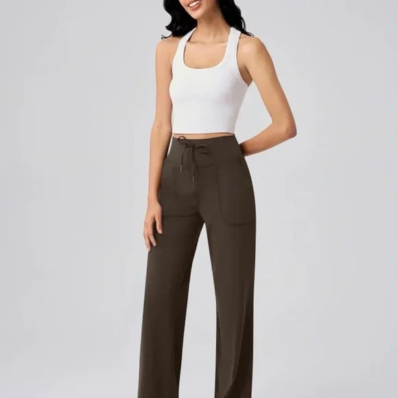 QQQWomen's YOGA PANTS DARK Brown Wide-Leg WITH POCKETS - Picture 1 of 3
